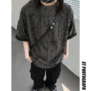 主推 高质量夏季破洞短袖重磅情侣t恤女设计感中性上衣 D247 P30图片