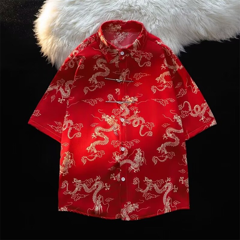 新中式短袖衬衫男款夏季黑金龙纹唐装衬衣风半袖外套CY927-P42图片