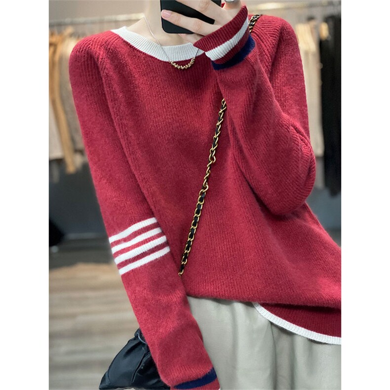 秋冬季羊毛休闲时尚百搭元宝圆领撞色羊毛衫，女装羊毛衫，越洋羊