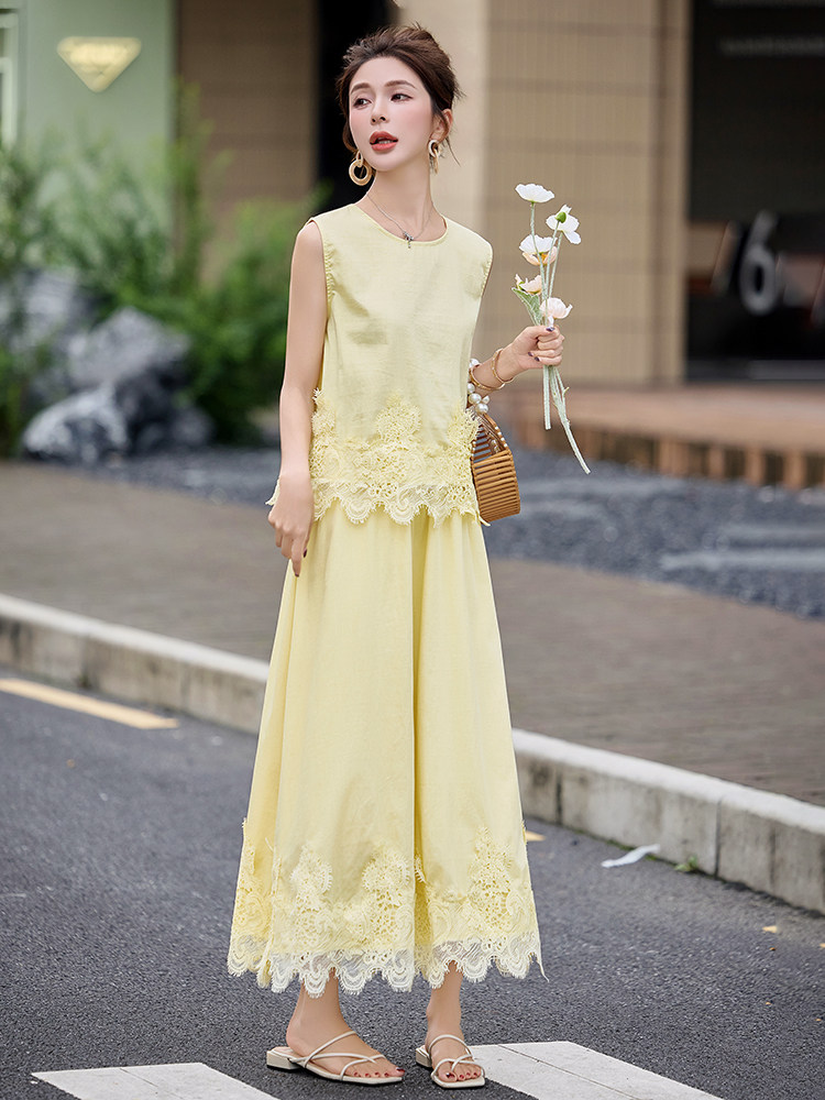 套装裙2025夏日新款绝美独特漂亮韩里韩气小香风蕾丝无袖两件套女,女装套装/套裙,韩蜜菓