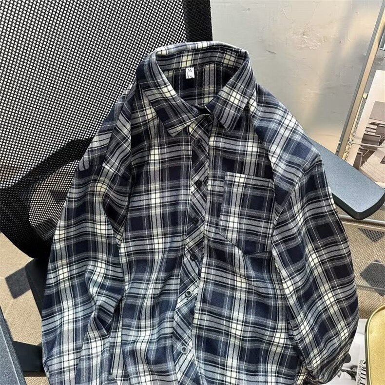 美式复古格子衬衫男女设计感小众秋季慵懒风衬衣外套潮S1300-P35,男装衬衫,星座1008-1