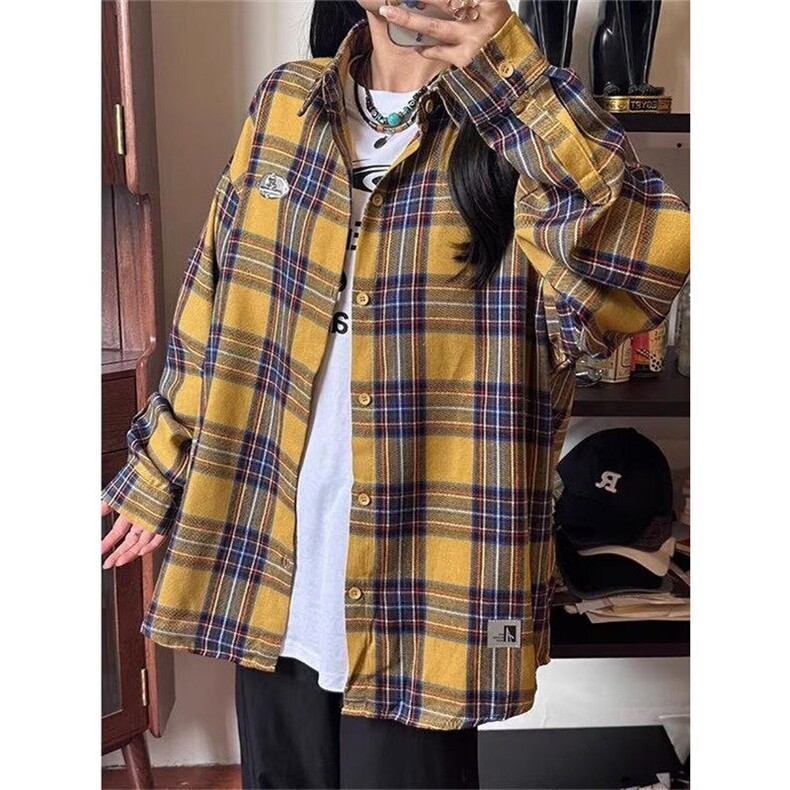 春秋新款复古格纹长袖衬衫男美式情侣衬衣情侣装外套C390,男装衬衫,星座1116A（原606A-3）
