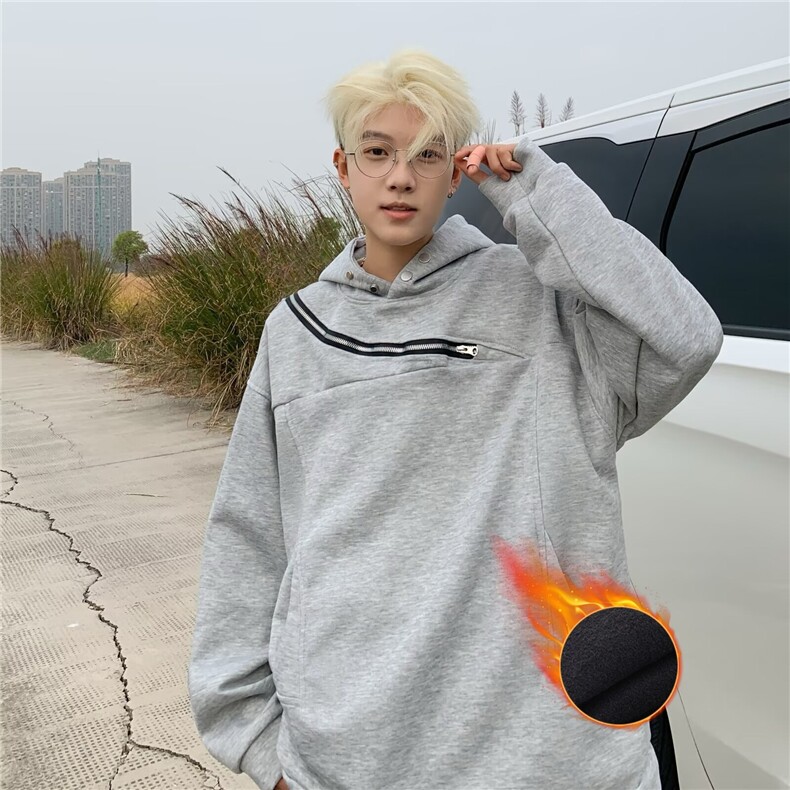 美式解构斜拉链连帽卫衣男女秋冬潮牌小众设计感高街灰色帽衫外套,男装卫衣,星座601-1