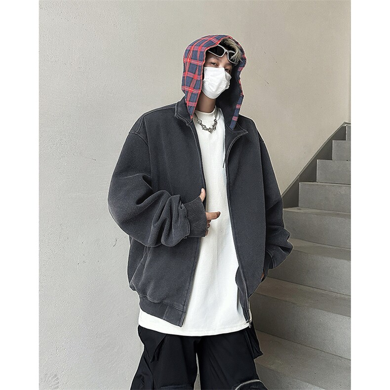 格子拼接连帽卫衣男女复古潮牌美式高街假两件开衫外套Y8088-p68,女装短外套,星座1008