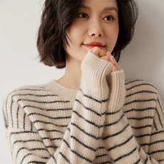 优雅百搭时尚条纹羊绒衫显瘦修身圆领毛衣，女装羊绒衫，米琪莲羊绒