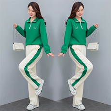 2025夏季运动套装女大码宽松立领短袖两件套时尚洋气休闲服，女装套装/套裙，凝聚力