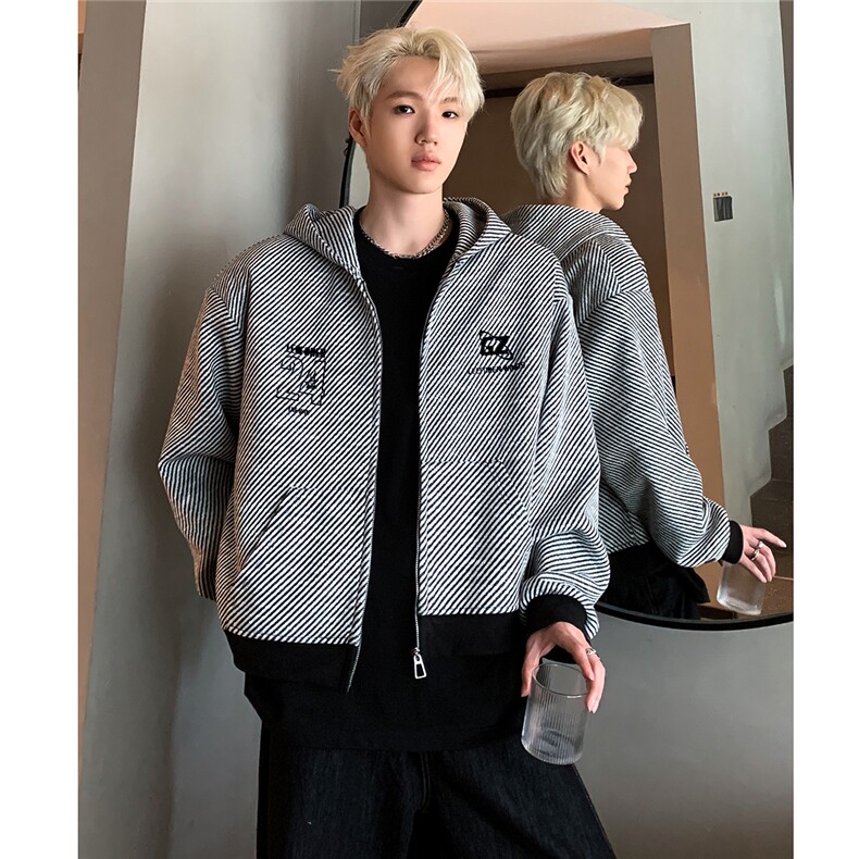 美式复古条纹连帽拉链卫衣ns男女情侣休闲DF风开衫JK106-P68,男装卫衣,电商C307A