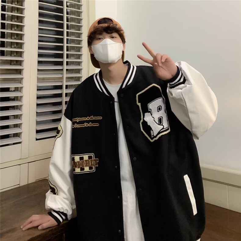 刺绣拼接新款春秋季宽松bf慵懒风男同款时尚情侣棒球服W2062/P55,女装职业装,星座506