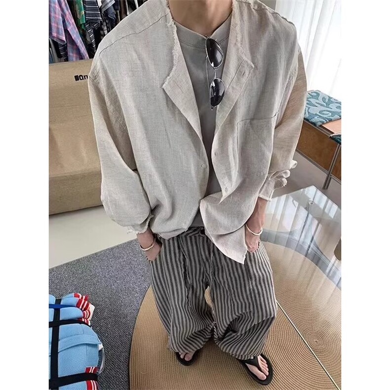 网图+秋款老钱风净版棉麻水洗长袖衬衫W1305/P45,男装衬衫,电商B350