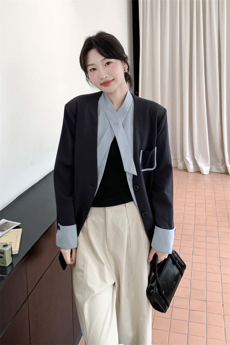 通勤拼接假两件短款西服上衣女春秋超火好看高级小众职业西装外套,女装西装,韩蜜菓