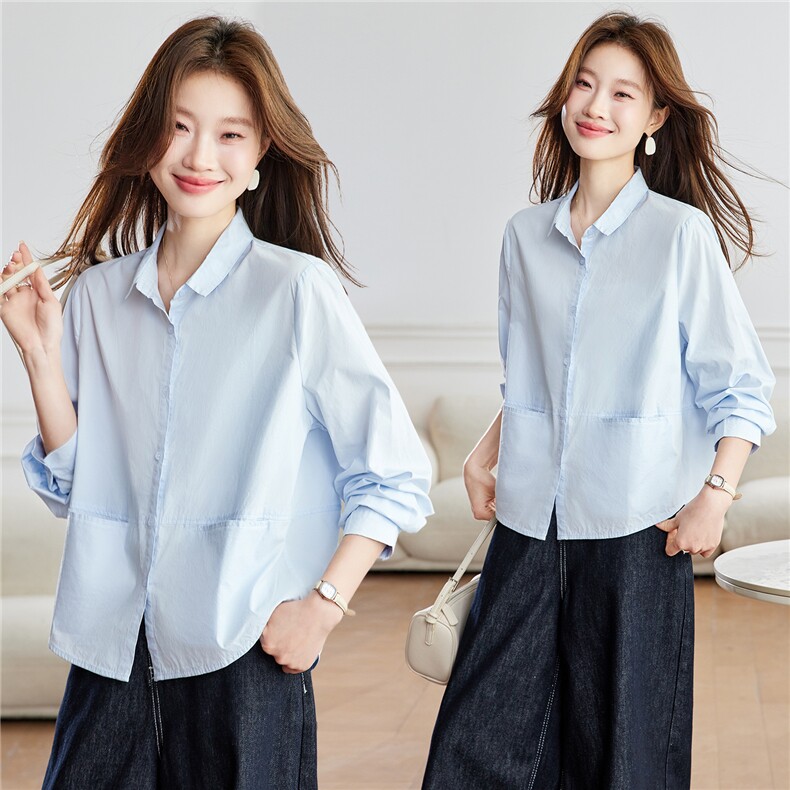 现货！2026春季新款优雅休闲时尚纯棉透气一字口袋女士翻领衬衫，女装衬衫，木子恋
