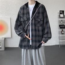美式复古连帽格子衬衫大码磨毛长袖衬衣慵懒风宽松外套CS9007/P55，男装衬衫，电商B238