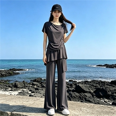 韩版时尚休闲套装女夏季新款斜肩收腰短袖上衣蕾丝屁帘长裤两件套，女装套装/套裙，江南