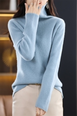 100%纯羊毛衫堆堆高领女宽松纯色毛衣秋冬新款加厚针织打底羊绒衫，女装羊毛衫，冀清阳荣