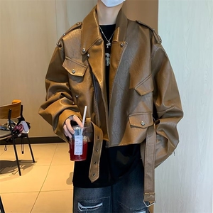 MS6302-P90美式复古短款皮衣外套男春秋季腰带设计感小众机车夹克图片