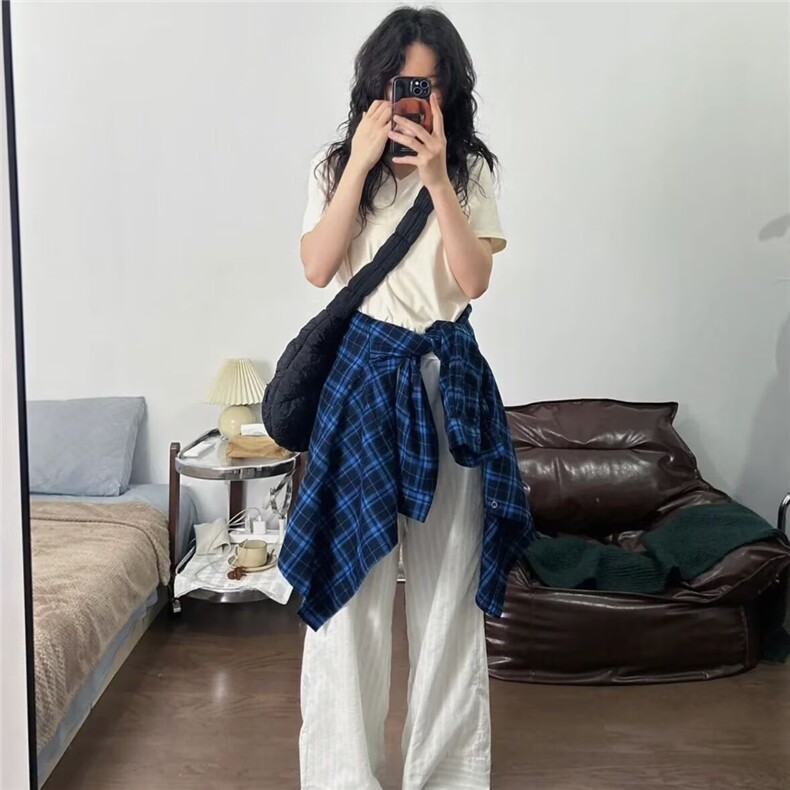 蓝色美式复古松弛格子衬衫大版宽松简约外套刺绣长袖上衣百搭衬衣,男装衬衫,星座506A