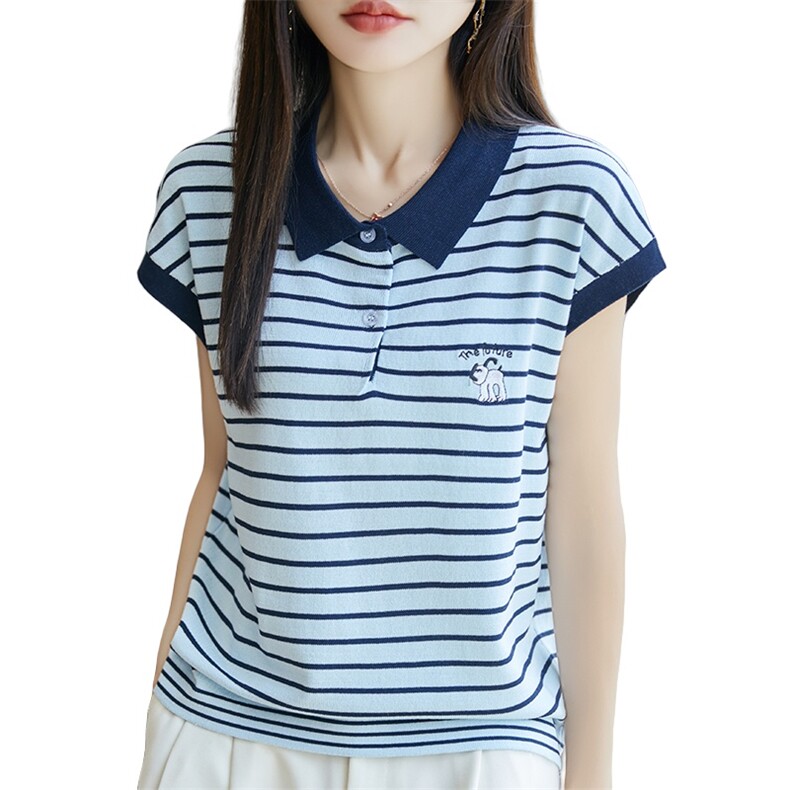 夏季新款女装polo领时尚休闲百搭针织上衣冰丝小衫条纹短袖T恤女,女装T恤,菲奥羊绒