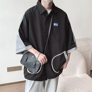 夏季宽松简约拼接短袖衬衫男女上衣高级感五分袖开衫衬衣 C2217图片