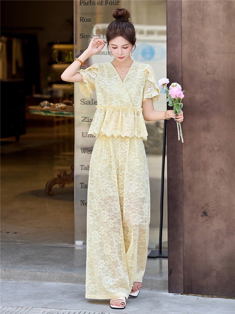 小香风蕾丝套装女夏轻奢高级感名媛气质女神范高端阔腿裤子两件套,女装套装/套裙,伊仟回