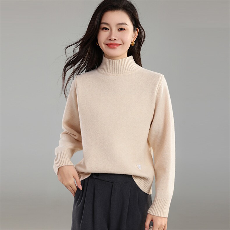 时尚女士秋款刺绣纯色半高领羊毛针织衫,针织衫/毛衣,奢优羊绒