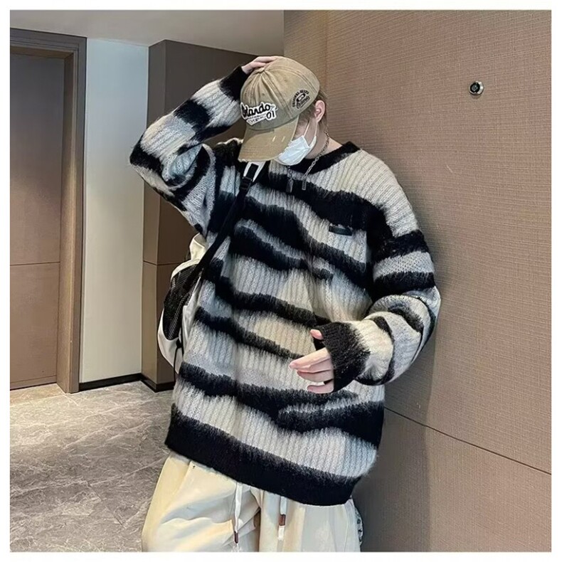 撞色条纹毛衣男秋冬美式复古慵懒风针织衫外套1001-1-MY07-P48,男装针织衫/毛衣,星座1001-1