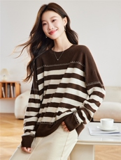 2025秋冬新款100%羊毛条纹拼色针织衫女宽松圆领套头毛衣慵懒风，女装羊毛衫，艾米