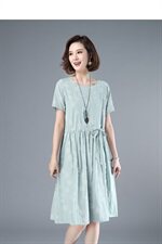 2021年夏季中长款通勤印花圆领A字裙40-49周岁韩版纯棉圆点裙子，女装连衣裙，伊满意