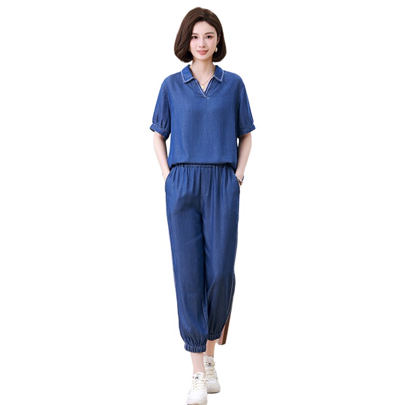 时尚显瘦牛仔套装女夏新款韩版宽松短袖上衣高腰长裤两件套,女装套装/套裙,叶笙衣