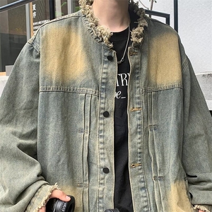 后背字母牛仔外套设计感磨毛黄泥染休闲美式夹克外套 J2214-P62图片