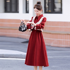 新中式连衣裙2025春秋气质小香风高级感假两件碎花马甲长袖衬衫裙，女装连衣裙，意芙