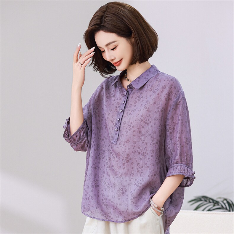 碎花苎麻上衣女2025夏装新款时尚中年妈妈洋气减龄亚麻，女装衬衫，独衣靓