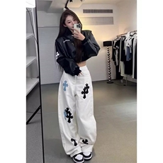 美式牛仔裤女皮标刺绣十字架炸街拖地阔腿长裤N01155-P50，男装牛仔裤，星座308B-2