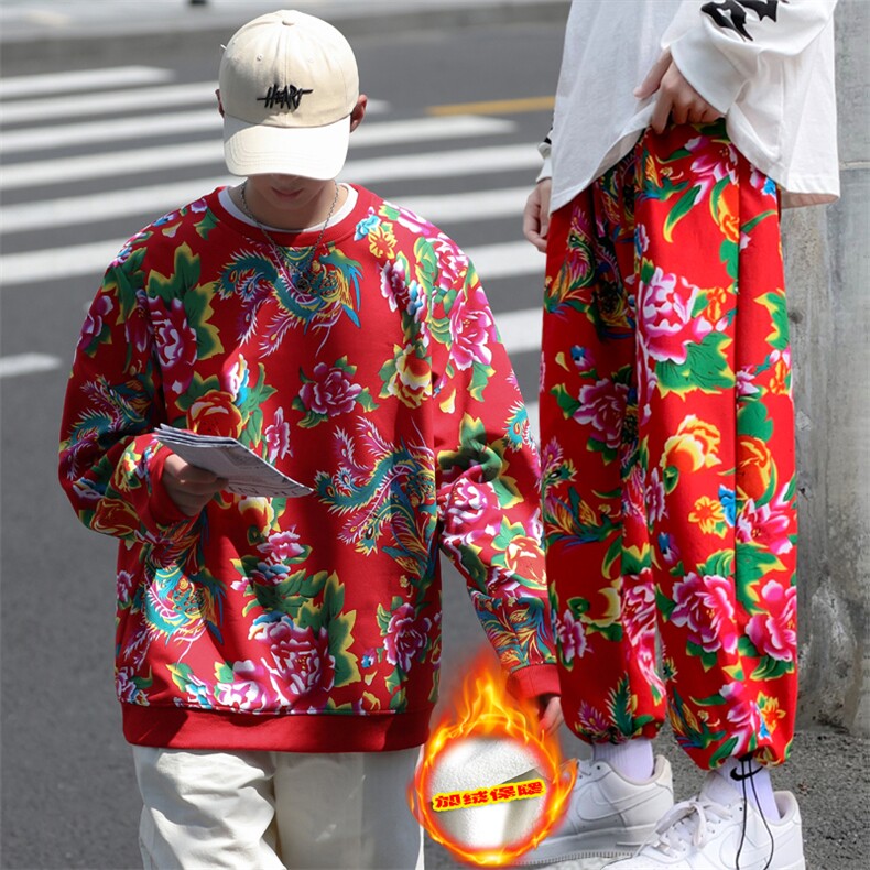 TW02男女休闲东北大花加绒加厚保暖卫衣九分裤套装风团队服潮，男装休闲套装，星座115A(原星座507）