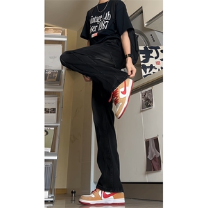 做旧复古牛仔裤男秋季潮牌美式直筒宽松拖地阔腿裤子图片