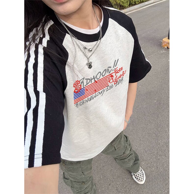抖音得物品质二开240克宽松纯棉美式潮牌插肩三杠织带短袖T恤图片