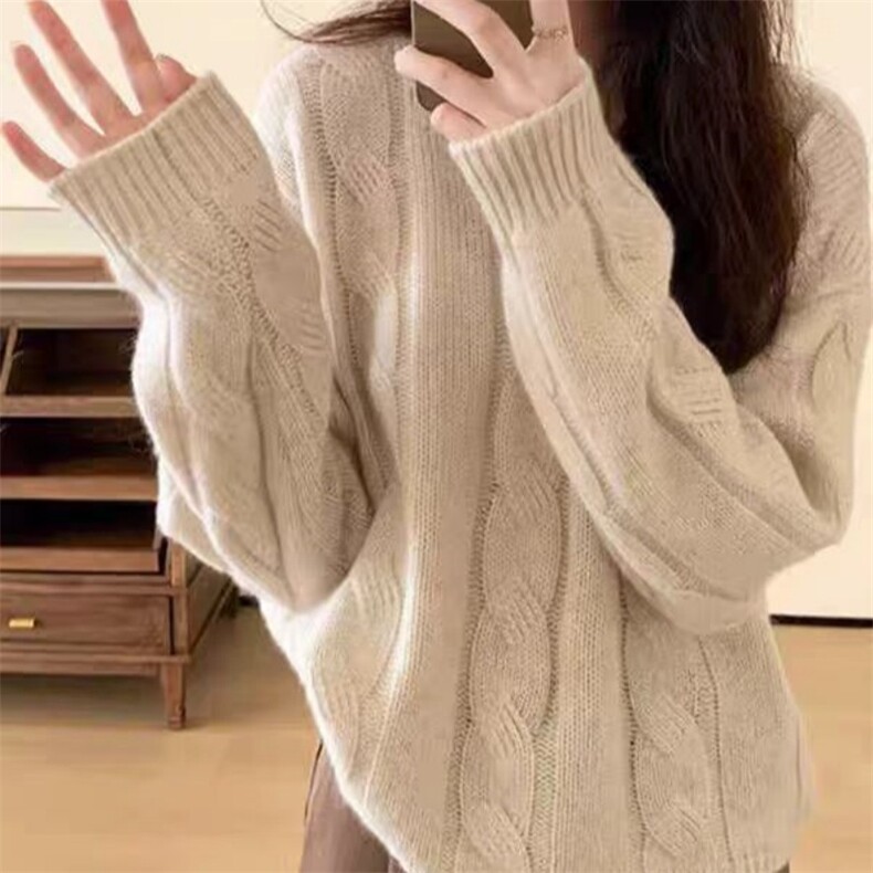 秋冬季羊毛休闲百搭时尚复古大麻花圆领羊毛衫,女装羊毛衫,锦瑟羊绒