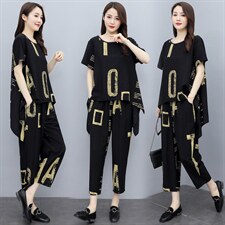 现货2026夏季新款时尚优雅气质纯色印花圆领舒适两件套大码套装，女装套装/套裙，尚洛菲