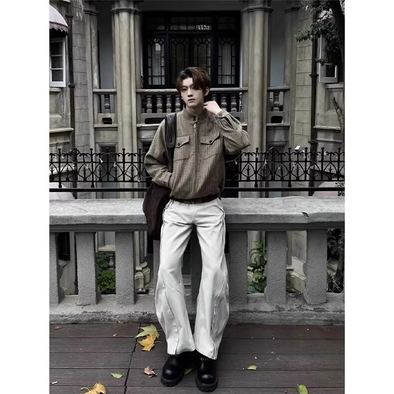 摩登复古卡其色千鸟格短宽夹克男士小香风外套网图XZ127-P70,男装夹克,星座1001-1