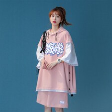 中性夏季青春时尚短袖运动风假两件连帽T恤套装TZ702P85控108，男装休闲套装，A247A
