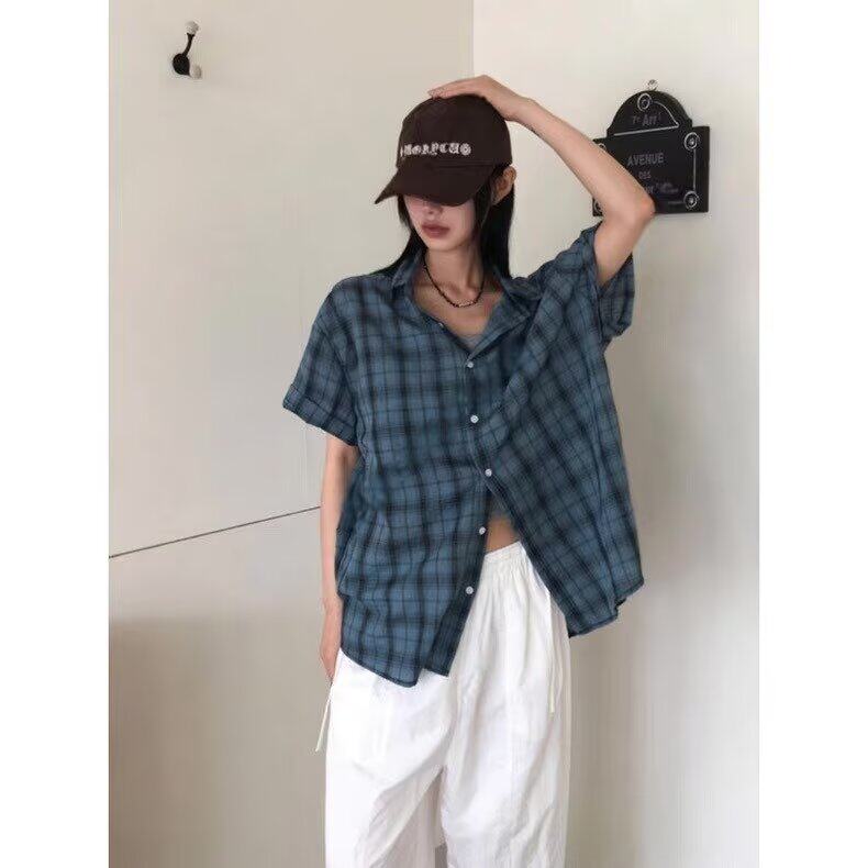 夏天男女同款美式衬衫少年感格子纹短袖衬衫女生宽松休闲防晒衬衣,男装防晒衣,星座506A