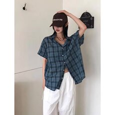 夏天男女同款美式衬衫少年感格子纹短袖衬衫女生宽松休闲防晒衬衣，男装防晒衣，星座506A