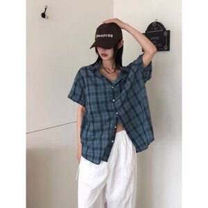 夏天男女同款美式衬衫少年感格子纹短袖衬衫女生宽松休闲防晒衬衣图片