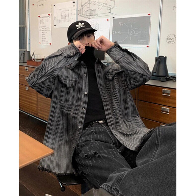 条纹衬衫男春秋款毛边宽松夹克设计感长袖衬衣外套休闲 JK001图片