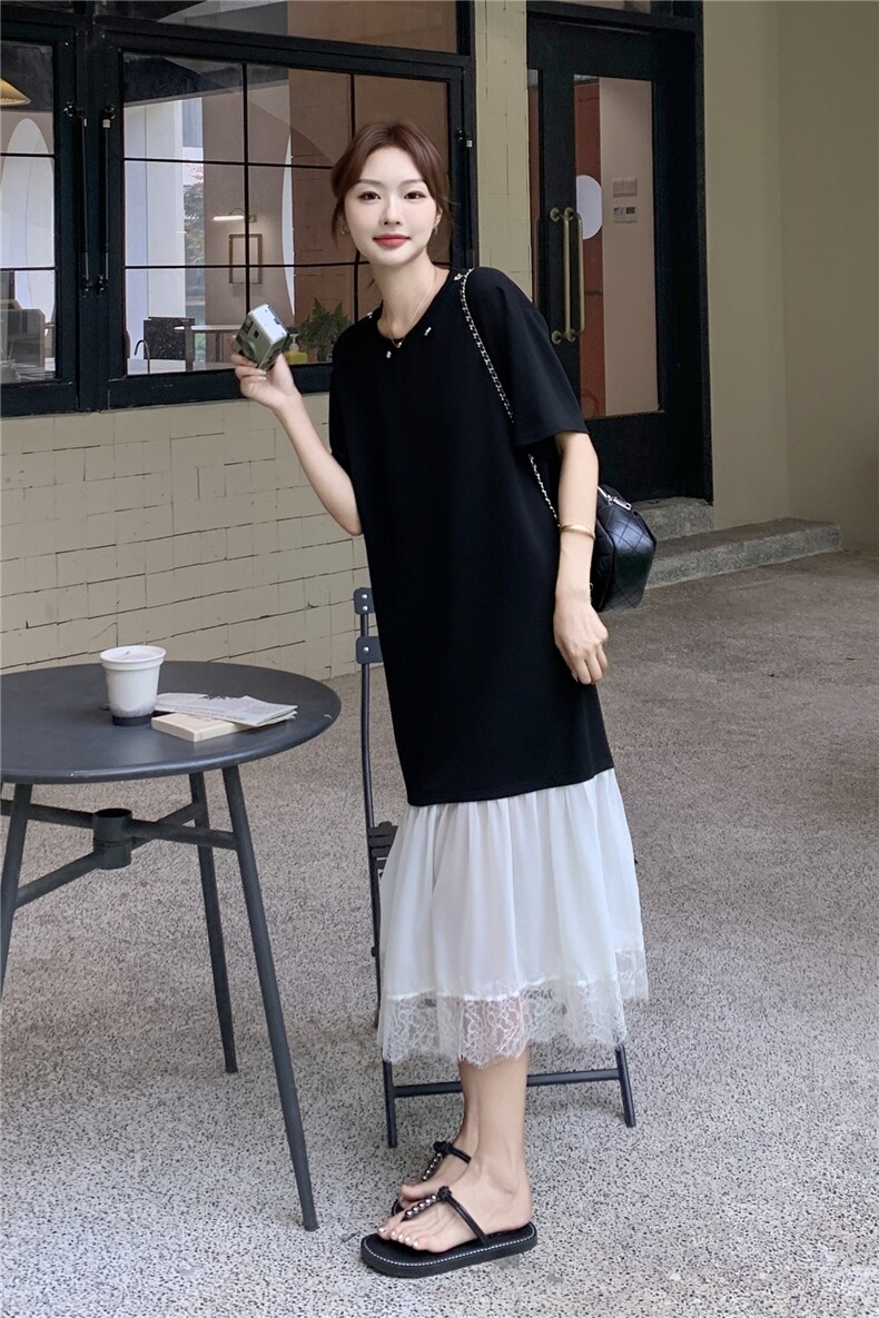 设计感通勤风蕾丝花边拼接连衣裙女夏季2025新款别致简约淡人长裙,女装连衣裙,秋水欣儿