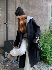 现货新款韩范中长款过膝双面羊绒大衣黑灰色高端毛呢连帽外套，女装双面呢大衣，网红馆