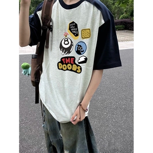 抖音得物高品质二开240克宽松纯棉美式潮牌插肩袖拼接短袖T恤图片