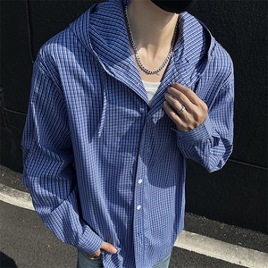 防紫外线弯刀袖格子衬衫防晒衣男夏季新款美式冰丝轻薄透气钓鱼服图片