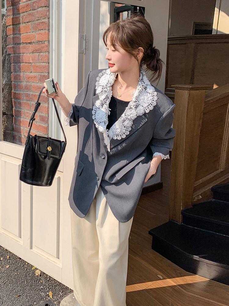 开春设计感蕾丝拼接西装外套女2025新款流行爆款超火气质休闲西服,女装短外套,韩蜜菓