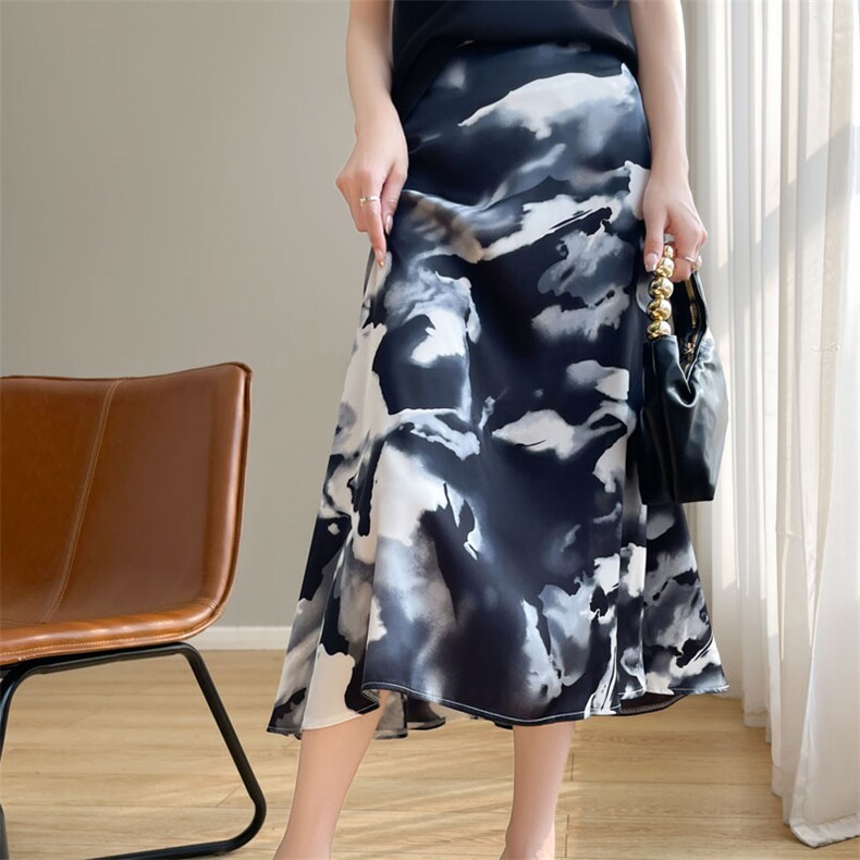 国风印花醋酸缎面半身裙女高腰垂感a子裙中长款扎染轻熟显瘦伞裙，女装半身裙，羊特美羊绒