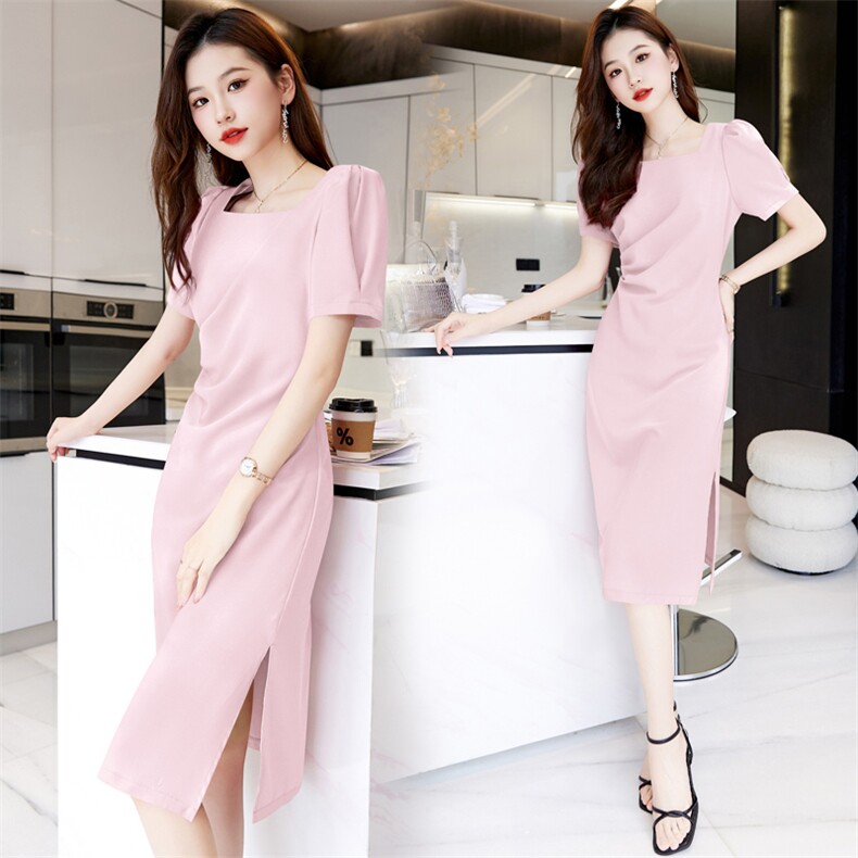 方领开叉短袖连衣裙女2025年夏季新款时尚百搭通勤中长裙，女装连衣裙，火爆靓佳人